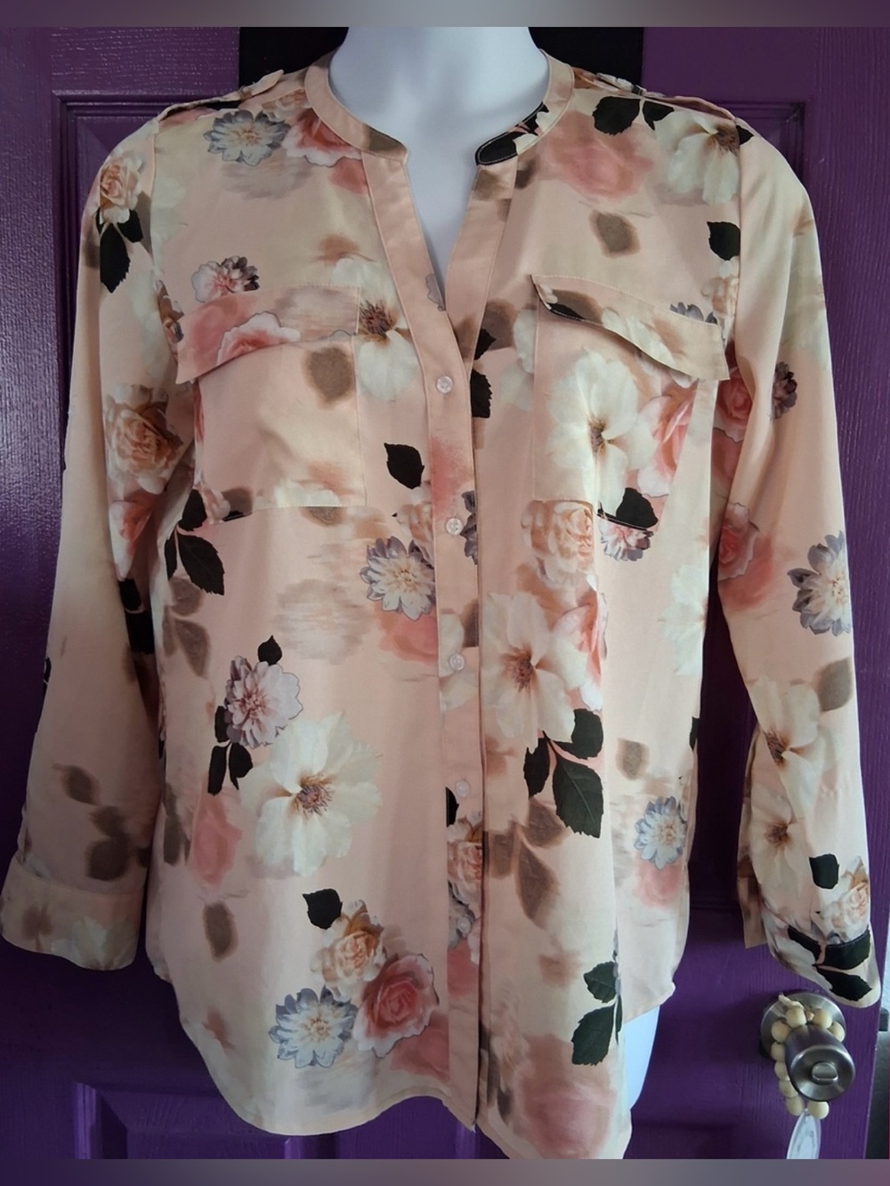 Calvin Klein Large Womens Floral Button-Front Blouse Top Shirt Pink (B5) - Picture 1 of 4
